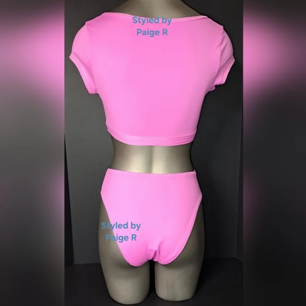 ❤️SKIMS Cropped T-shirt Top Mid Waist Bottoms Bikini Swimsuit Pink NEON ORCHID S